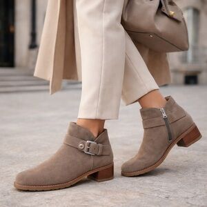 Stuart Weitzman Taupe Suede Buckle Ankle Boots 6.5 Designer ~$595 Booties Spain